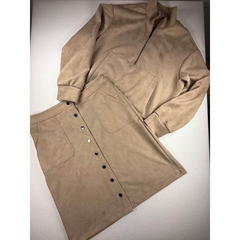 Tahari Faux Suede 2-Piece Set Women’s L – Half-Zip Pullover & Button Skirt Tan